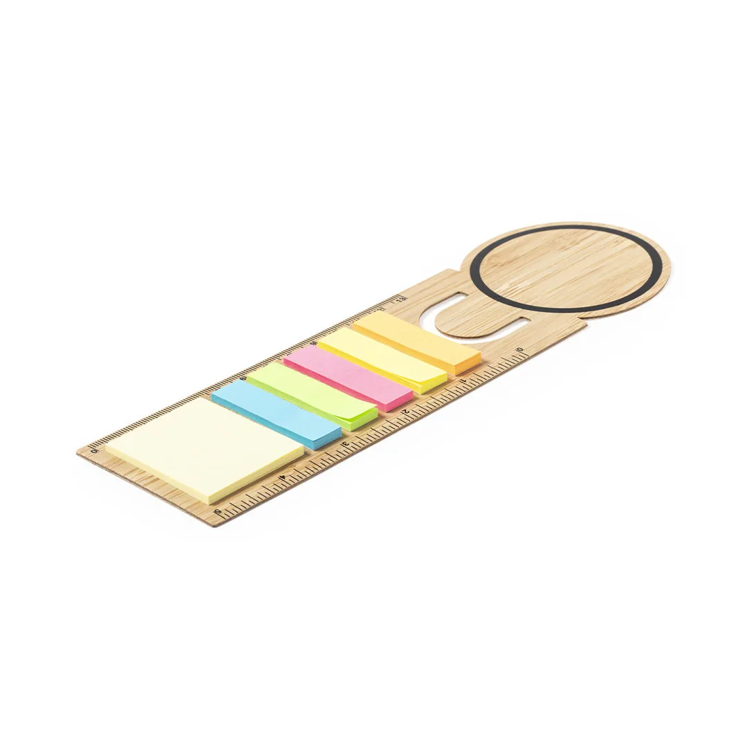 Righello segnapagine Tecin in bambù con post-it applicati, vista frontale