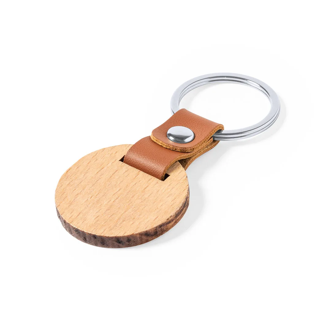 Portachiavi Mappets in legno naturale con cinturino marrone e rivetto cromato, vista frontale