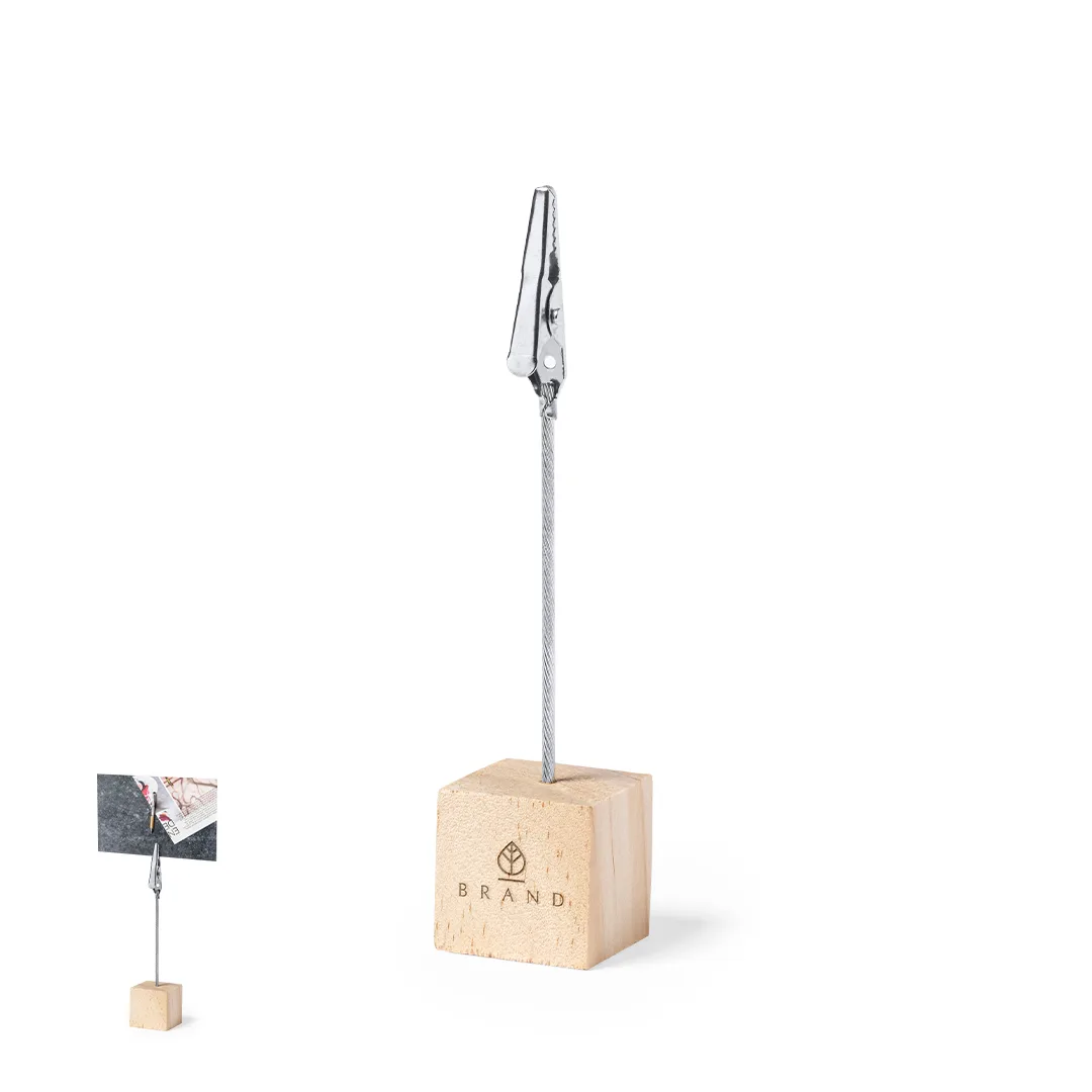 Clip Sanny con base in legno di pino e pinza in metallo, vista frontale