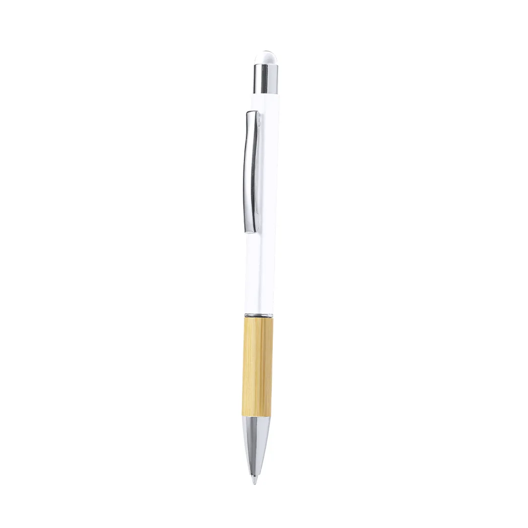 Penna touch a rotazione in alluminio e bambù, personalizzata nel colore bianco