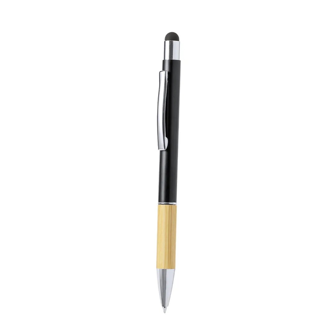Penna touch a rotazione in alluminio e bambù, personalizzata nel colore nero