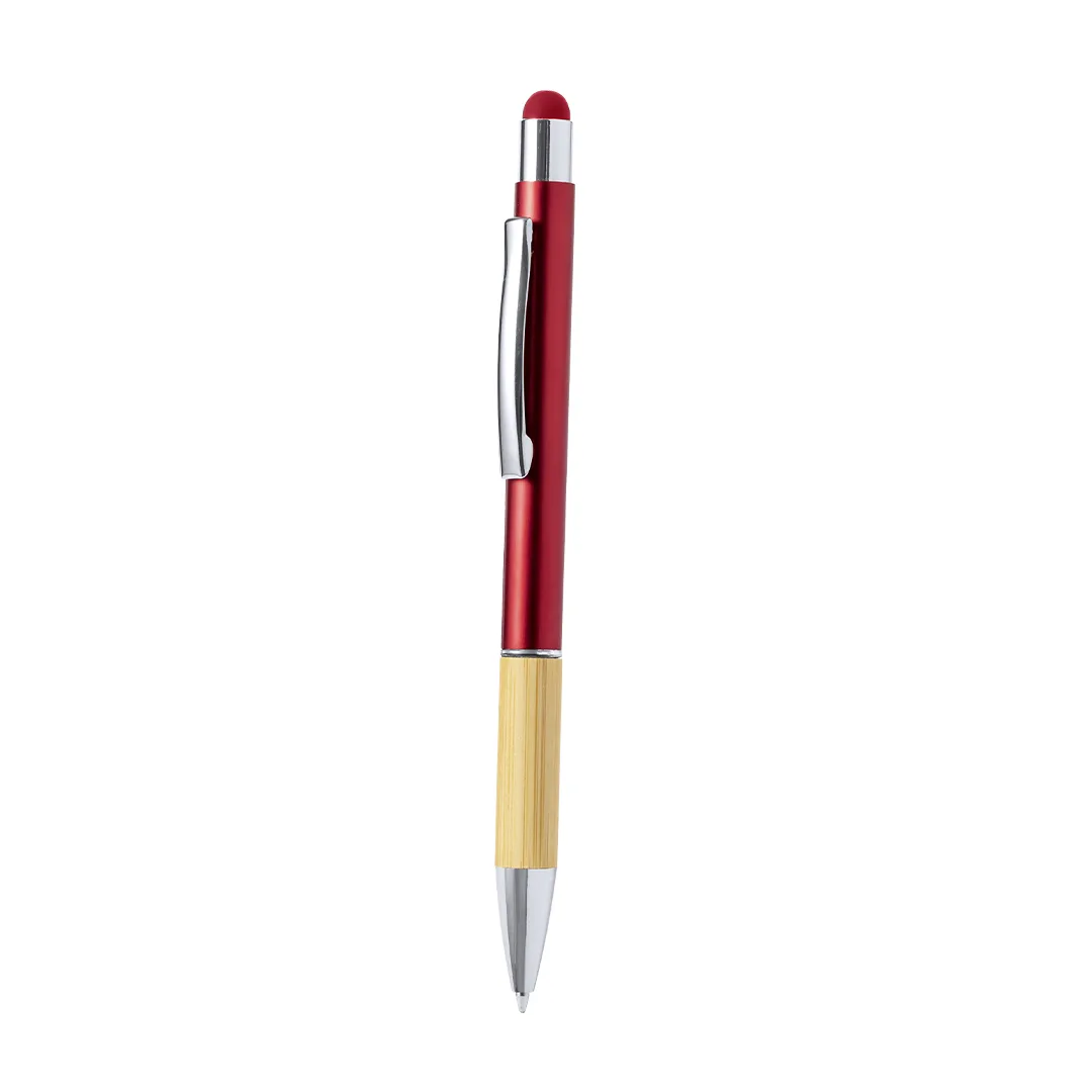 Penna touch a rotazione in alluminio e bambù, personalizzata nel colore rosso
