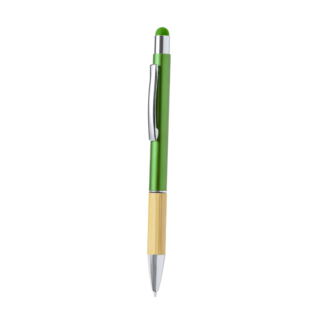 Penna touch a rotazione in alluminio e bambù, personalizzata nel colore verde