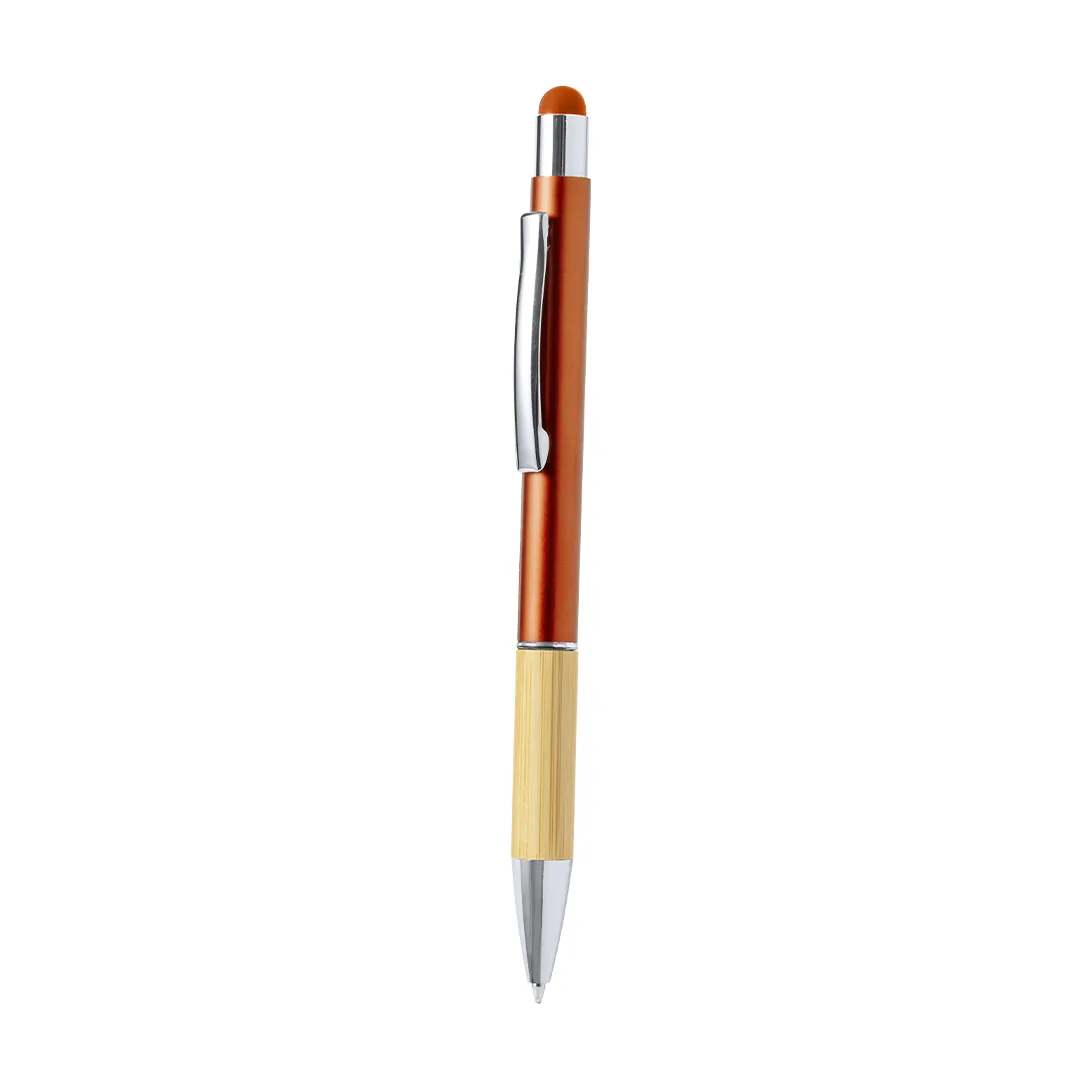 Penna touch a rotazione in alluminio e bambù, personalizzata nel colore arancione