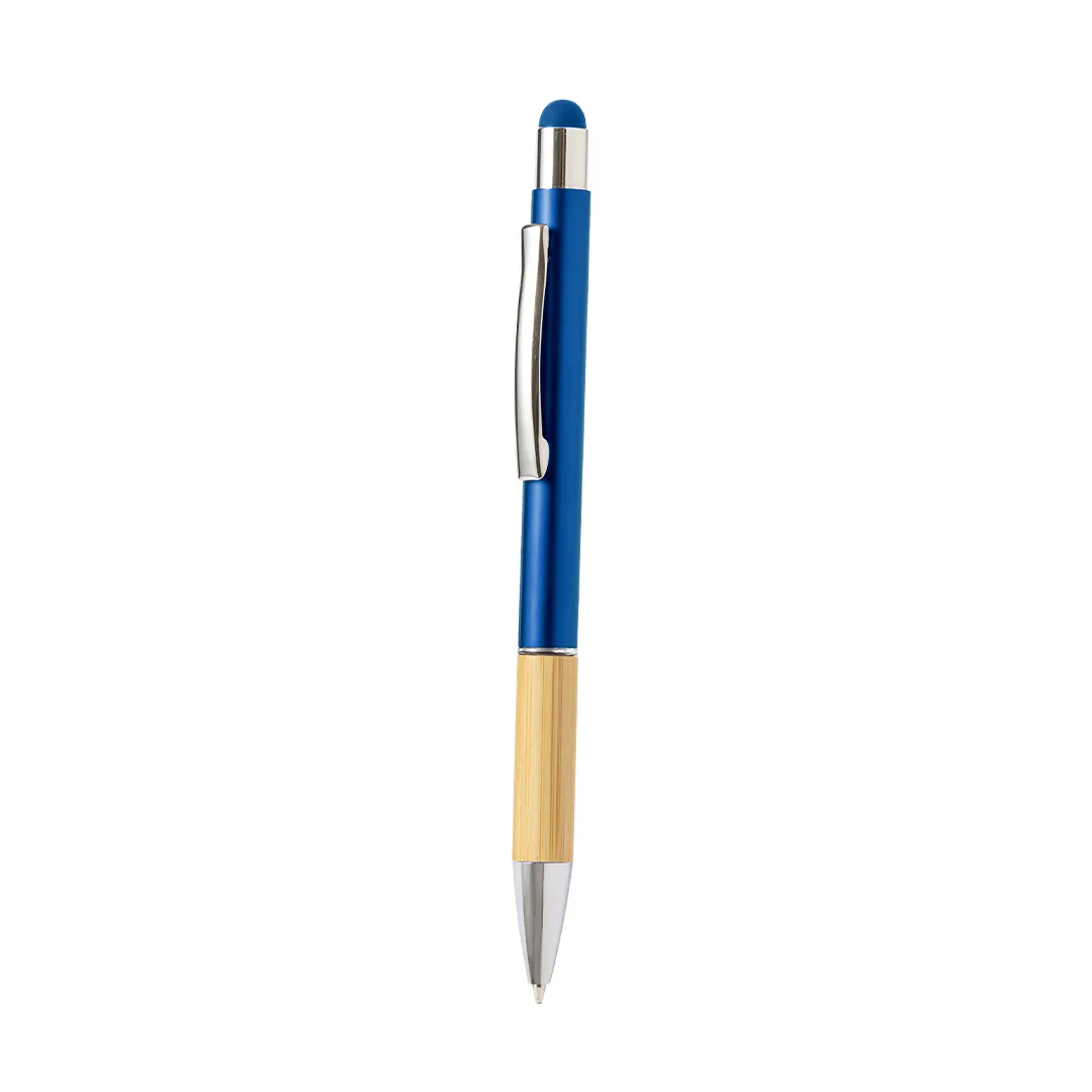 Penna touch a rotazione in alluminio e bambù, personalizzata nel colore blu