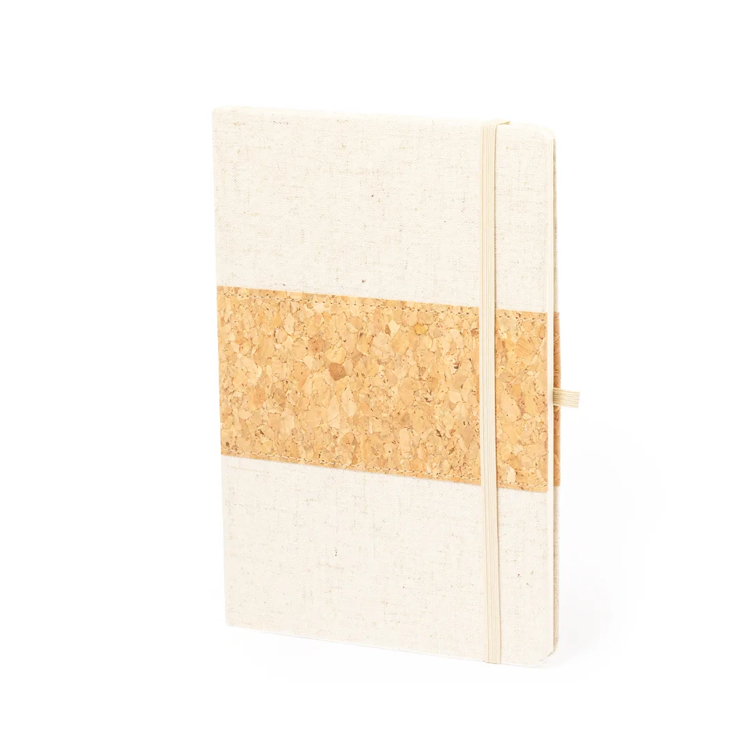 Block notes Yacard in sughero e lino, vista frontale su fondo bianco