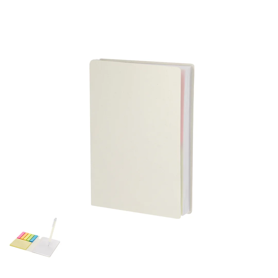 Block notes Tamar con note adesive e penna, vista frontale su fondo bianco