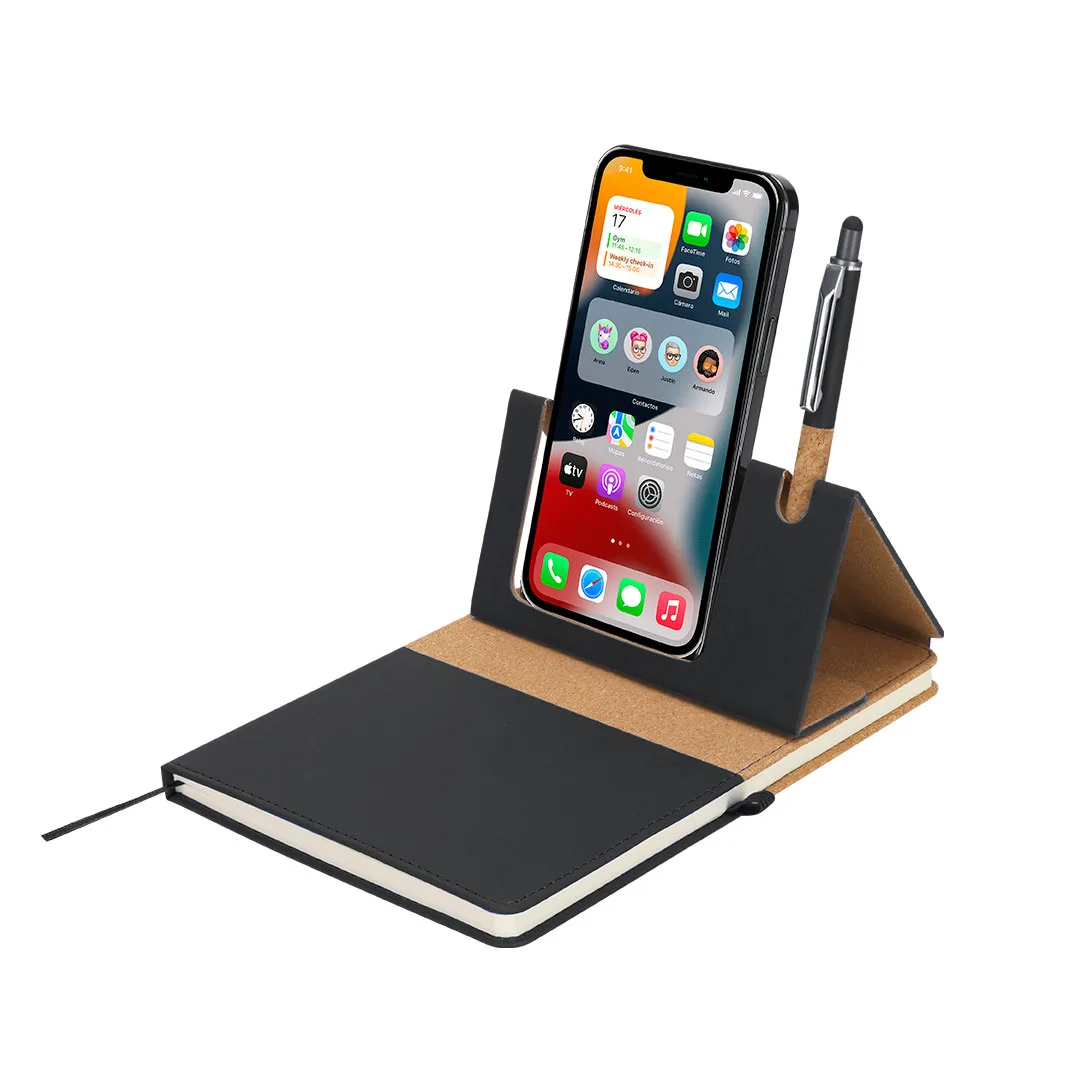 Block notes Suttony aperto, con il supporto magnetico che regge il telefono