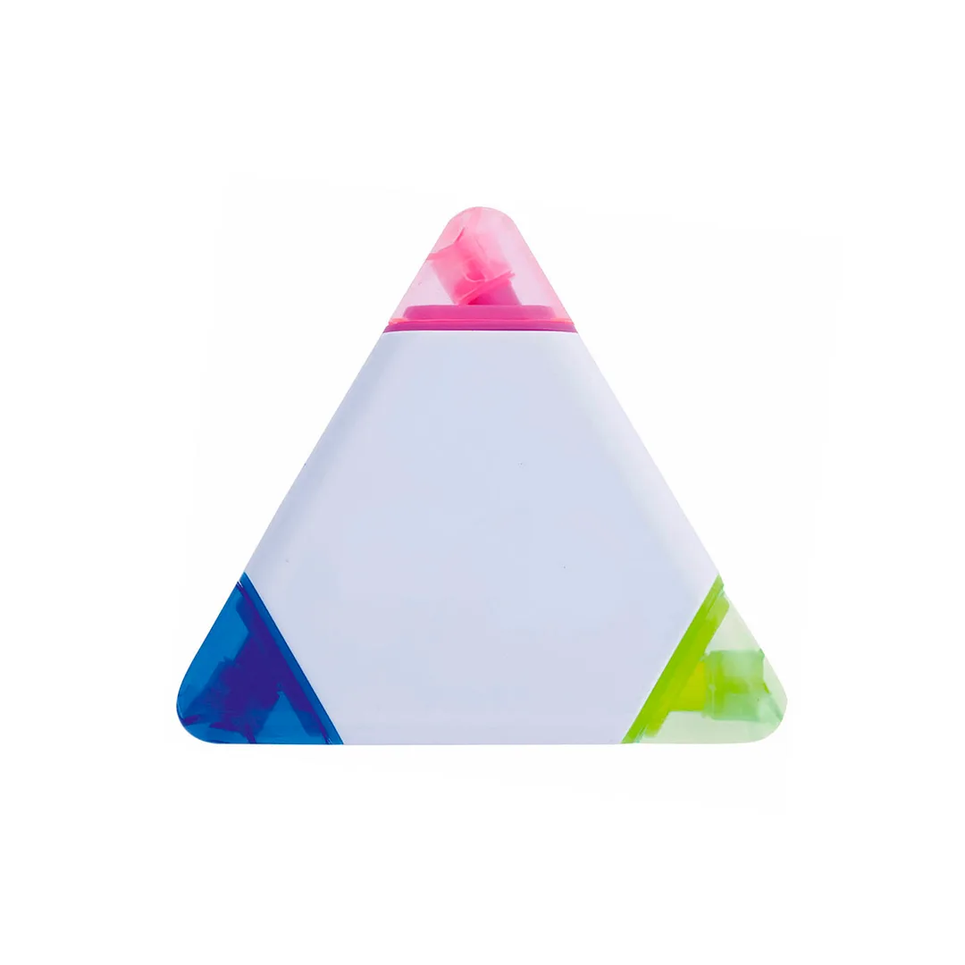 Evidenziatore Trico a tre colori con corpo triangolare bianco, vista frontale su fondo bianco