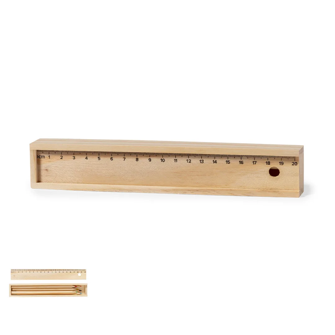 Astuccio di legno 20,5 × 2,5 cm con sei matite, su fondo bianco