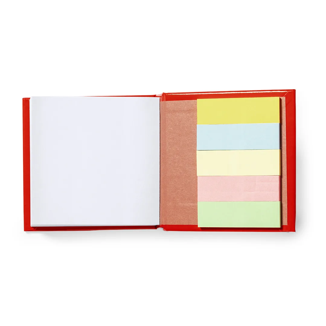 Portamemo Codex aperto, con i fogli lisci e le mini note adesive colorate