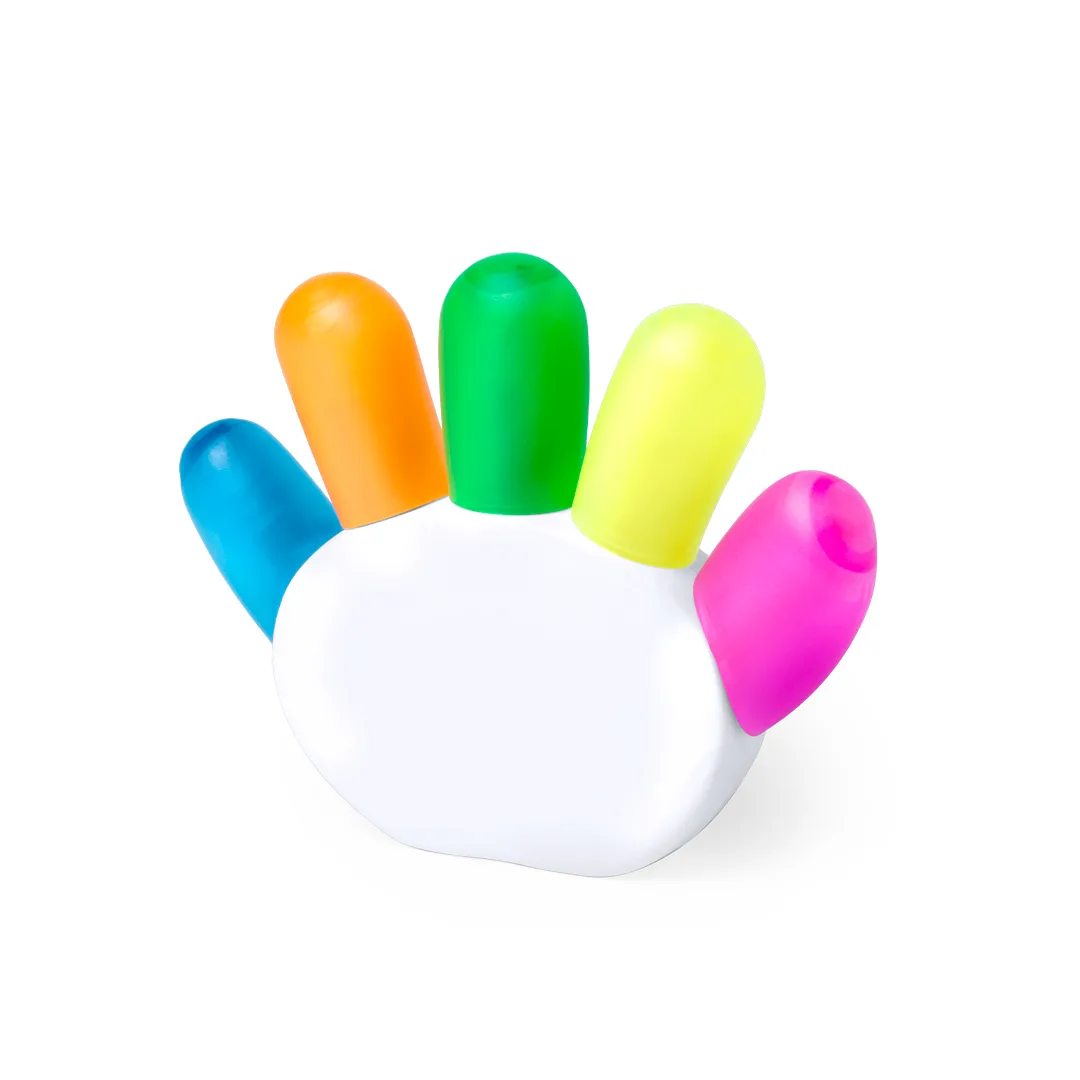 Set evidenziatori Dinku con cinque pennarelli fluorescenti nel supporto bianco, su fondo bianco