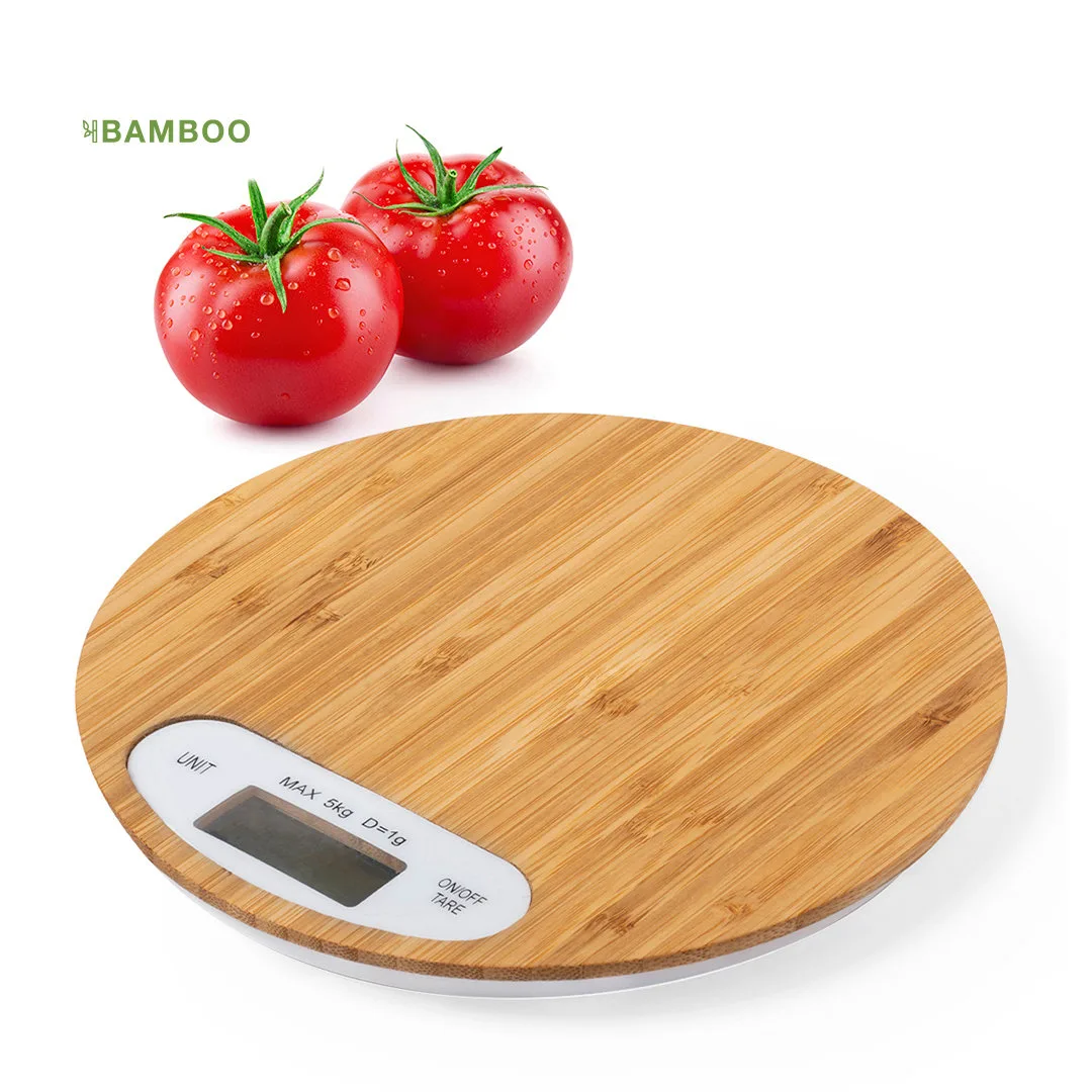 Bilancia digitale da cucina Hinfex con piatto in bambù lucido, vista dall'alto