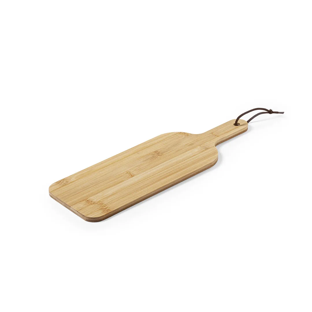 Tagliere in bambù Saraby da 40 cm con manico e cordicella in pelle, vista dall'alto