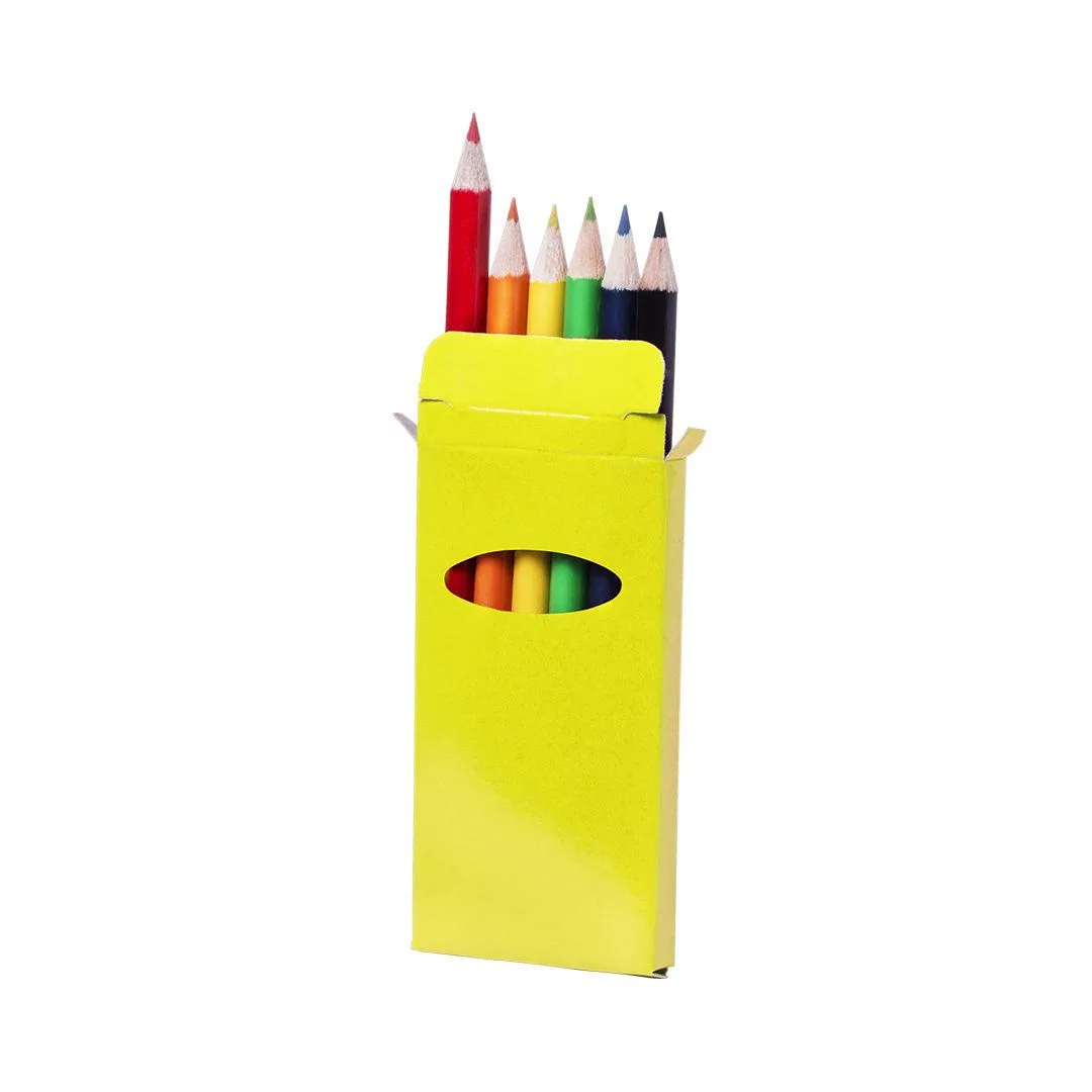 Set di 6 matite colorate con la scatola stampata nel colore giallo