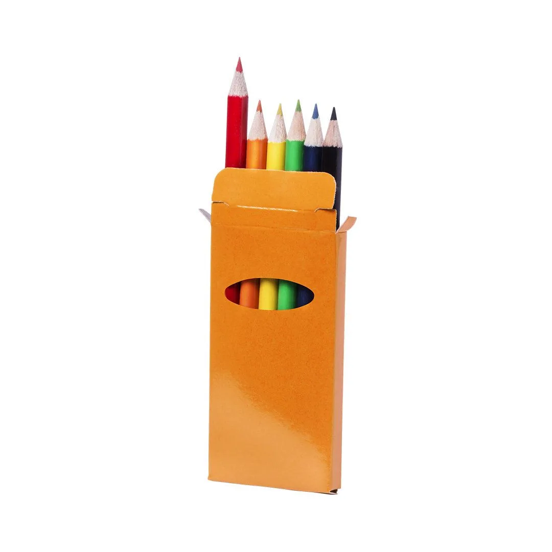 Set di 6 matite colorate con la scatola stampata nel colore arancione