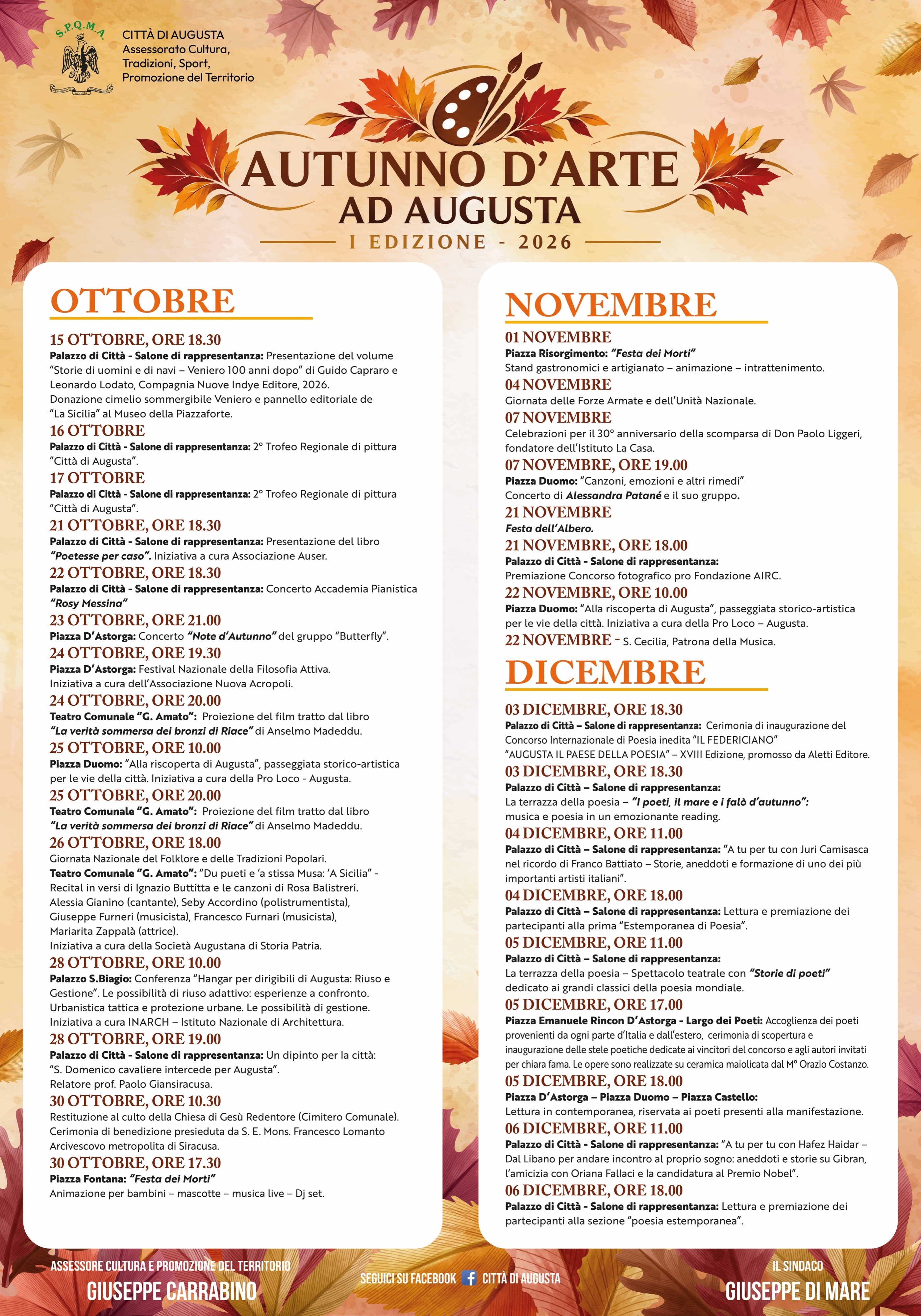 Manifesto «Autunno d'Arte ad Augusta» 2026: titolo con tavolozza e foglie d'autunno, calendario degli eventi diviso in ottobre, novembre e dicembre